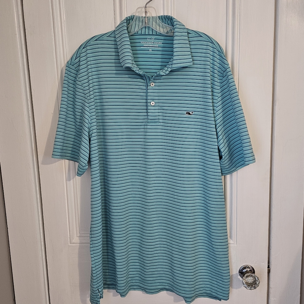 Vineyard Vines Performance Mens XL Polo Shirt Golf Striped Teal Green Stretch